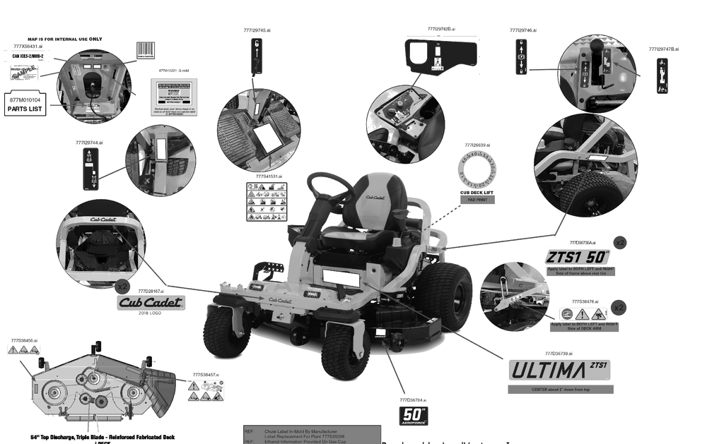 Label Map Diagram and Parts List for ZTS1-50KH (17ARGBYLA10)(2023) Cub Cadet Lawn Tractor